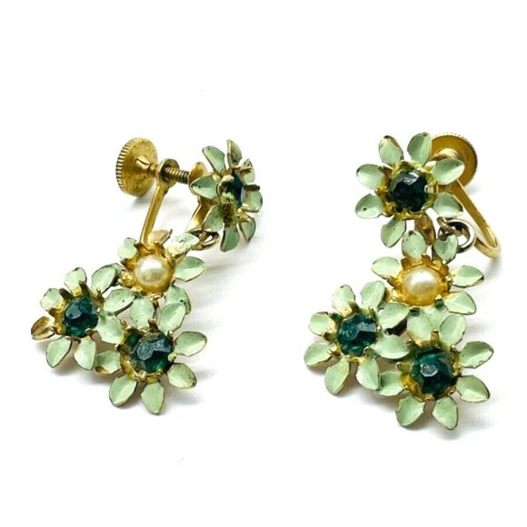 CHARM Floral Dangle Earrings Screw Back Gold Tone Rhinestones Simulated Pearl - Picture 1 of 11